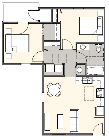 Floor plan for 2 beds, 1 bath, 768 sqft